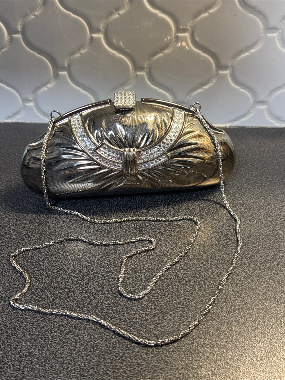 Metallic Silver Embellished Evening Clutch